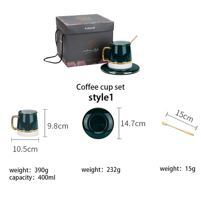 MDZF SWEETHOME Green Coffee Cup Set With Mat And Lid Spoon Milk Ceramic Cup Breakfast Tableware Set Couple Mug Birthday Gift Box