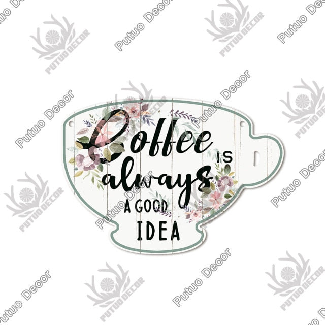 Putuo Decor Coffee Sign Cup Shaped Plaque Rustic Wooden Hanging Sign for Cafe Kitchen Decoration Plate Coffee Mug Wall Decor