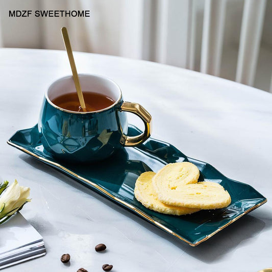 MDZF SWEETHOME Green Coffee Cup Set With Mat And Lid Spoon Milk Ceramic Cup Breakfast Tableware Set Couple Mug Birthday Gift Box