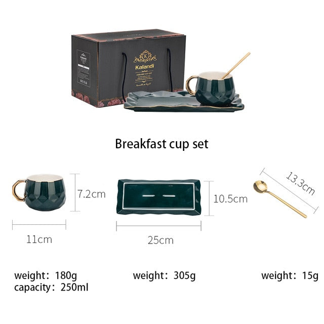 MDZF SWEETHOME Green Coffee Cup Set With Mat And Lid Spoon Milk Ceramic Cup Breakfast Tableware Set Couple Mug Birthday Gift Box