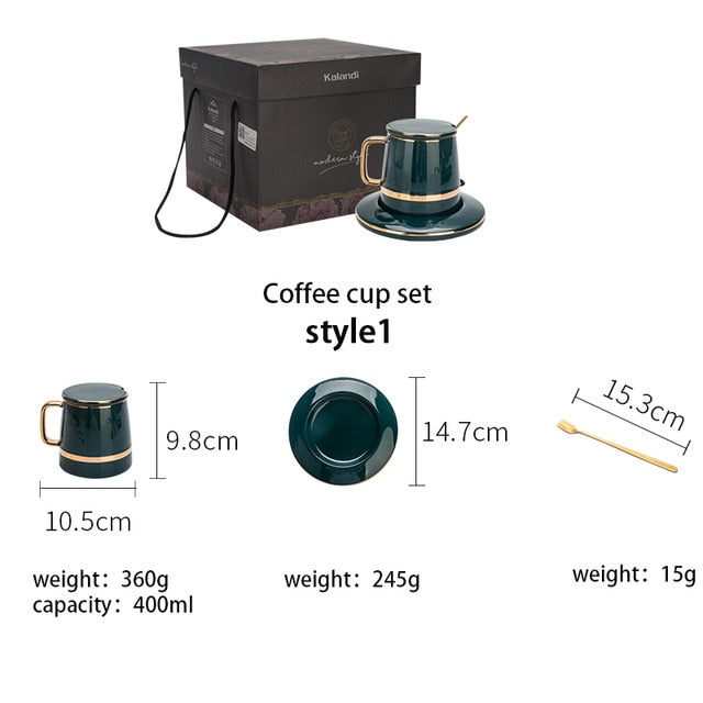 MDZF SWEETHOME Green Coffee Cup Set With Mat And Lid Spoon Milk Ceramic Cup Breakfast Tableware Set Couple Mug Birthday Gift Box