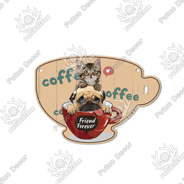 Putuo Decor Coffee Sign Cup Shaped Plaque Rustic Wooden  Hanging Sign for Cafe Kitchen Decoration Plate Coffee Mug Wall Decor