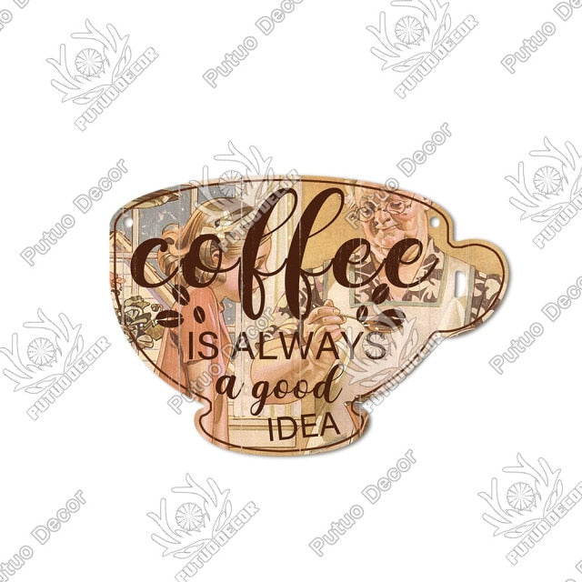 Putuo Decor Coffee Sign Cup Shaped Plaque Rustic Wooden  Hanging Sign for Cafe Kitchen Decoration Plate Coffee Mug Wall Decor