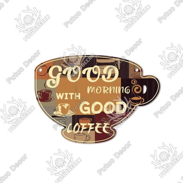 Putuo Decor Coffee Sign Cup Shaped Plaque Rustic Wooden  Hanging Sign for Cafe Kitchen Decoration Plate Coffee Mug Wall Decor