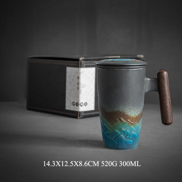 Ceramic Retro Coffee Cup Office Water Cup Filter Tea Cup with Cover Cups and Mugs Wooden Handle Caneca Birthday Gift Box CM061