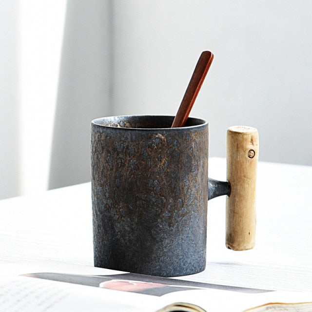 Japanese-style Vintage Ceramic Coffee Mug Tumbler Rust Glaze Tea Milk Beer Mug with Wood Handle Water Cup Home Office Drinkware