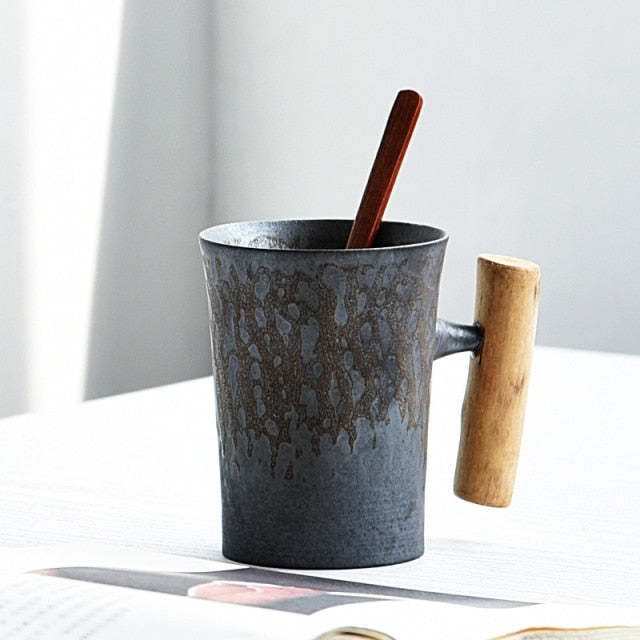 Japanese-style Vintage Ceramic Coffee Mug Tumbler Rust Glaze Tea Milk Beer Mug with Wood Handle Water Cup Home Office Drinkware