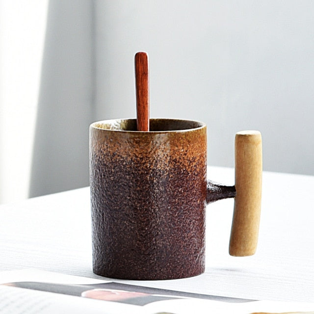 Japanese-style Vintage Ceramic Coffee Mug Tumbler Rust Glaze Tea Milk Beer Mug with Wood Handle Water Cup Home Office Drinkware