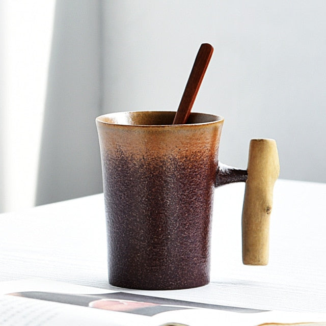 Japanese-style Vintage Ceramic Coffee Mug Tumbler Rust Glaze Tea Milk Beer Mug with Wood Handle Water Cup Home Office Drinkware