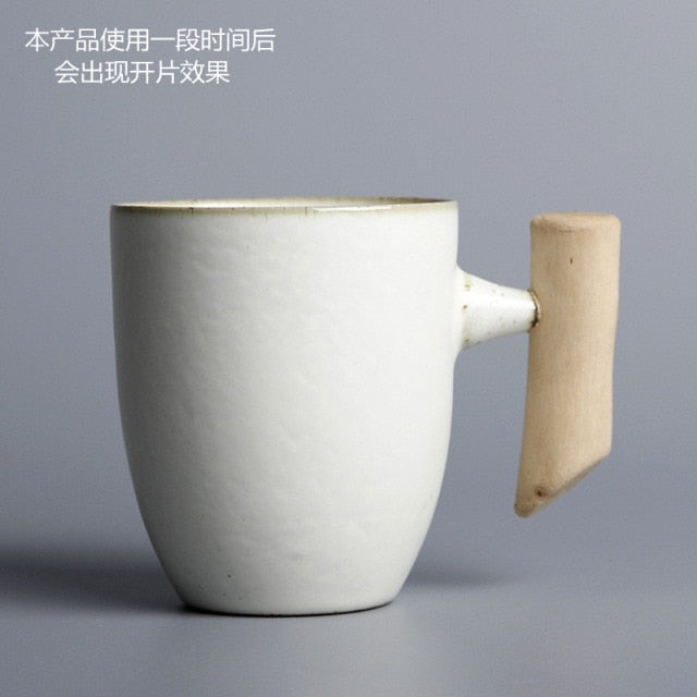 Japanese-style Vintage Ceramic Coffee Mug Tumbler Rust Glaze Tea Milk Beer Mug with Wood Handle Water Cup Home Office Drinkware